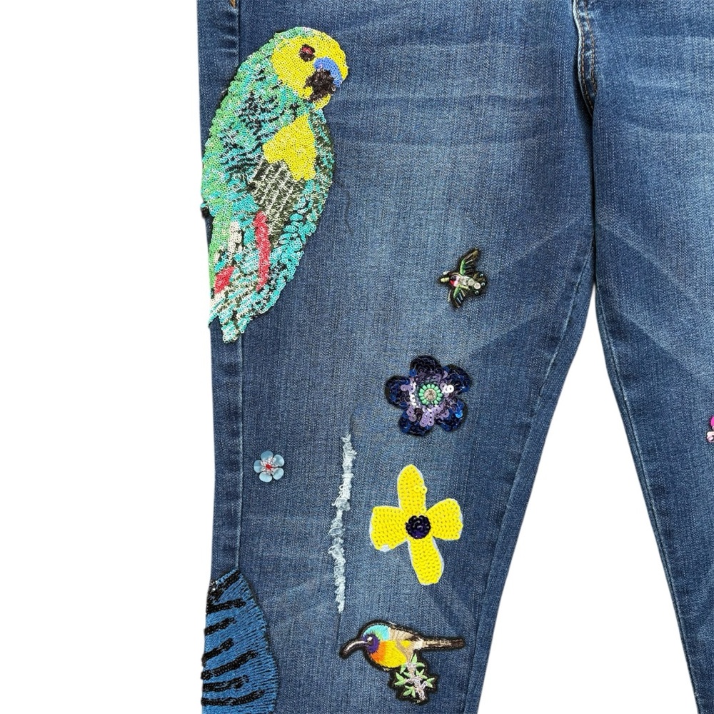 V Cristina Embroidered Sequin Tropical Skinny Distressed Jeans Size 10 Floral - Picture 5 of 7